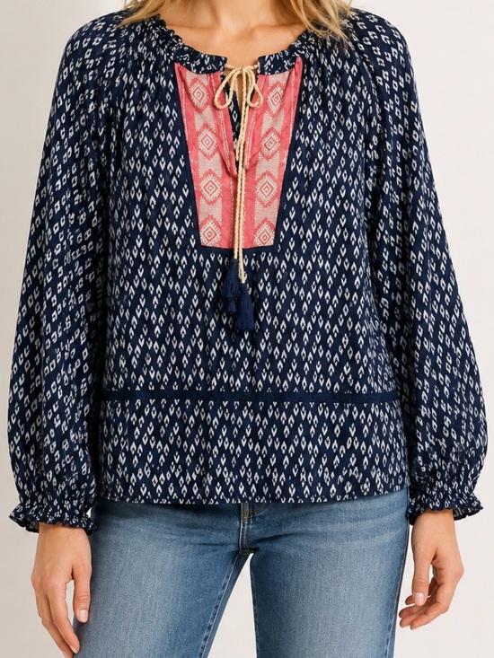 THML Tops - THML Navy Coral Geometric Boho Tassel Tie Balloon Sleeve Blouse